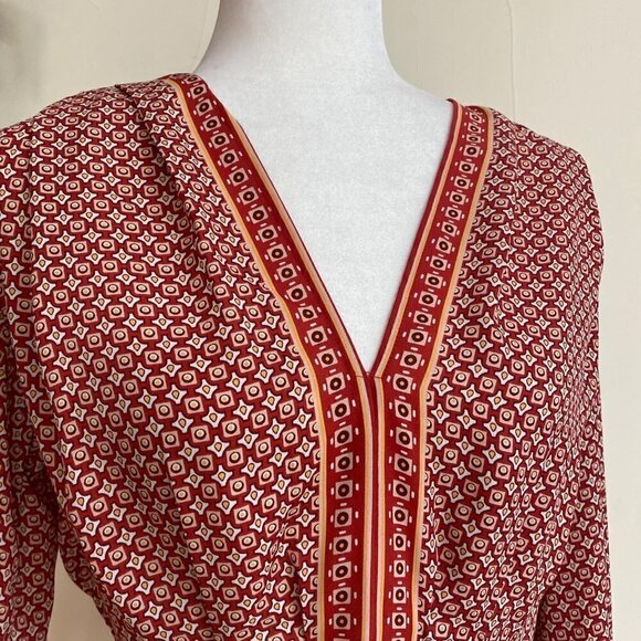 Max Studio Womens S Red Geometric Print 3/4 Balloon Sleeve Tie Front Peplum Hem - Picture 5 of 16